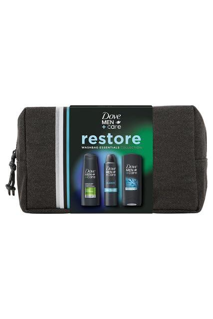 Dove Men+Care Restore Collection Clean Comfort 3in1 Body Wash 250ml, 2in1 Shampoo & Conditioner 250ml and Classic Antiperspirant 200ml Gift Set for Him with Wash Bag