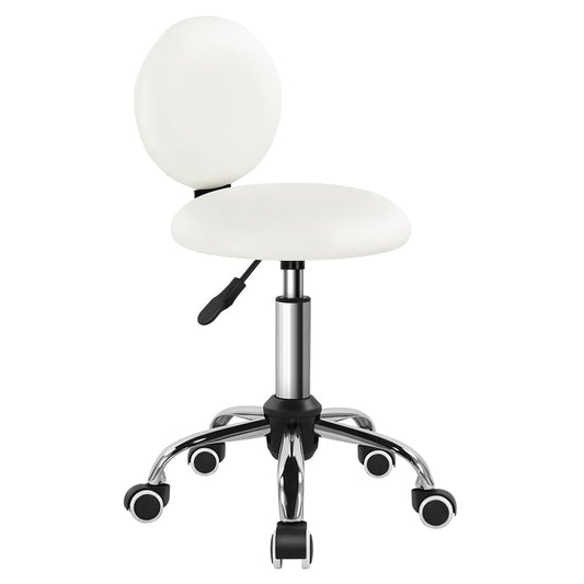 FURWOO Round Rolling Stool with Back PU Leather Seat - Beauty Chair on Wheels with Swivel for Barbershop (White)