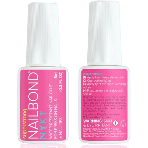 Super Strong Nail Glue for Press On Nails, Tips & False Nails (8ml) NYK1 NailBond Brush On Nail Glue Extra Strong for Press Ons, Tips & Acrylics - Long Lasting, Maximum Strength, Mess-Free Application