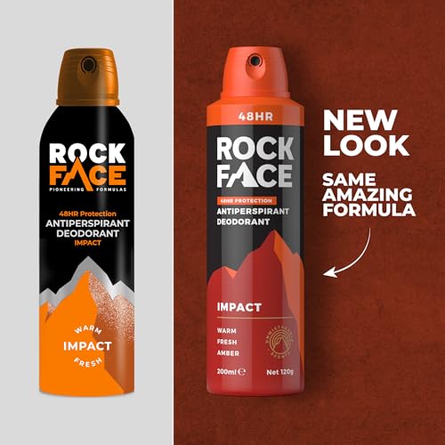 Rock Face Antiperspirant Deodorant for Men - Impact Ginger & Amber Scent, 200ml Spray, 48 Hour Protection, Non-Staining, Multipack of 6