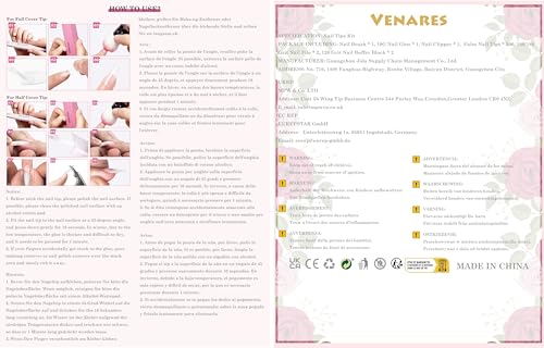 Clear False Nails with Glue, Venares 500 Pcs False Nail Tips 10 Size Acrylic Nails Tips and Glue Nails File Buffer Block Acrylic Nail Brush Nail Clipper, Fake Nails Set for Gel Extensions
