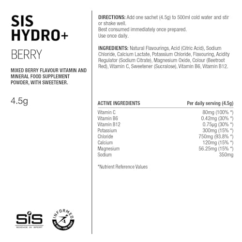 Science in Sport Hydro+ Electrolytes Powder Sachets with 5 Essential Electrolytes and Added Vitamins C, B6, and B12 for Hydration Drink | Berry, Pack of 20 Sachets