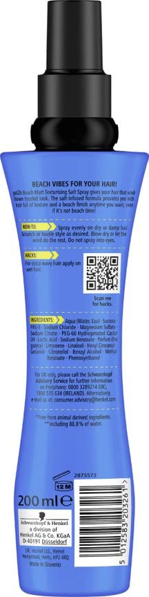 Schwarzkopf got2b Beach Matt Texture Sea Salt Hair Spray, Medium Hold, Creates Waves and Textures with a Matt Finish, packaging may vary, 200 ml ( Pack of 1)