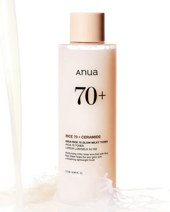 ANUA Rice 70 Glow Milky Toner, for Glass Skin, Rice Water, Niacinamide, Ceramides, Panthenol, Non comedogenic, Fungal Acne Safe, Korean Skin Care, 250ml/8.45fl.oz.