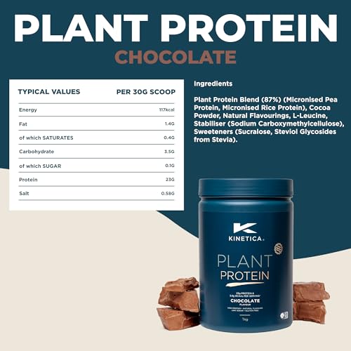 Kinetica Sports Plant Protein Powder - Chocolate Flavour | 23g Protein/Serve, 33 Servings/1Kg | Blend of Pea & Rice Protein | Dairy & Gluten Free |Vegan & Low in Sugar | Easy Mixability