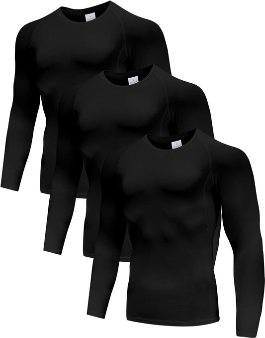 Holure 3 Pack Compression Shirts for Men Long Sleeve Running Top Quick Dry Base Layer Tops for Gym Sports Fitness Workout Black-XL