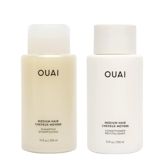 OUAI Medium Shampoo + Conditioner Set - Nourishes with Babassu and Coconut Oils, Strengthens with Keratin & Adds Shine with Kumquat Extract - Free of Parabens, Sulfates & Phthalates - 300 ml Each