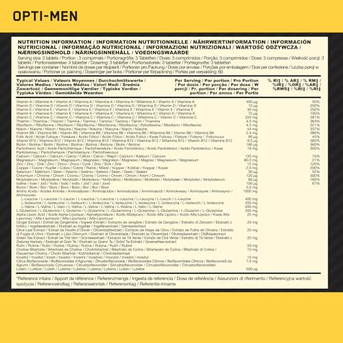 Optimum Nutrition Opti-Men Multi-Vitamin Supplements for Men with Vitamin D, Vitamin C, Vitamin B6 and Amino Acids, Unflavoured, 60 Servings, 180 Capsules