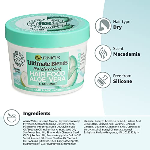 Garnier Hair Food 3-in-1 Hair Treatment Mask, Smooths and Nourishes, For Frizzy & Curly Hair, No Silicones, Vegan Formula, Coconut Oil, Ultimate Blends, 400ml (Packing and Ingredients may vary)