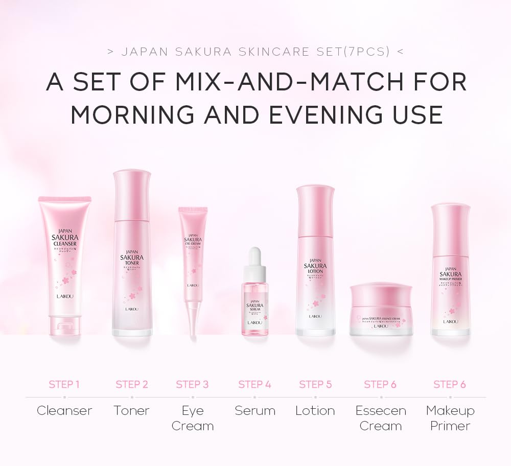 LAIKOU Japan Sakura Skincare Set, Luxury Facial Kit for Women Teenage Girls, Moisturizing & Anti Aging Skincare Gift Set - Cleanser, Toner, Lotion, Serum, Eye Cream, Face Cream, Makeup Primer, 7pcs