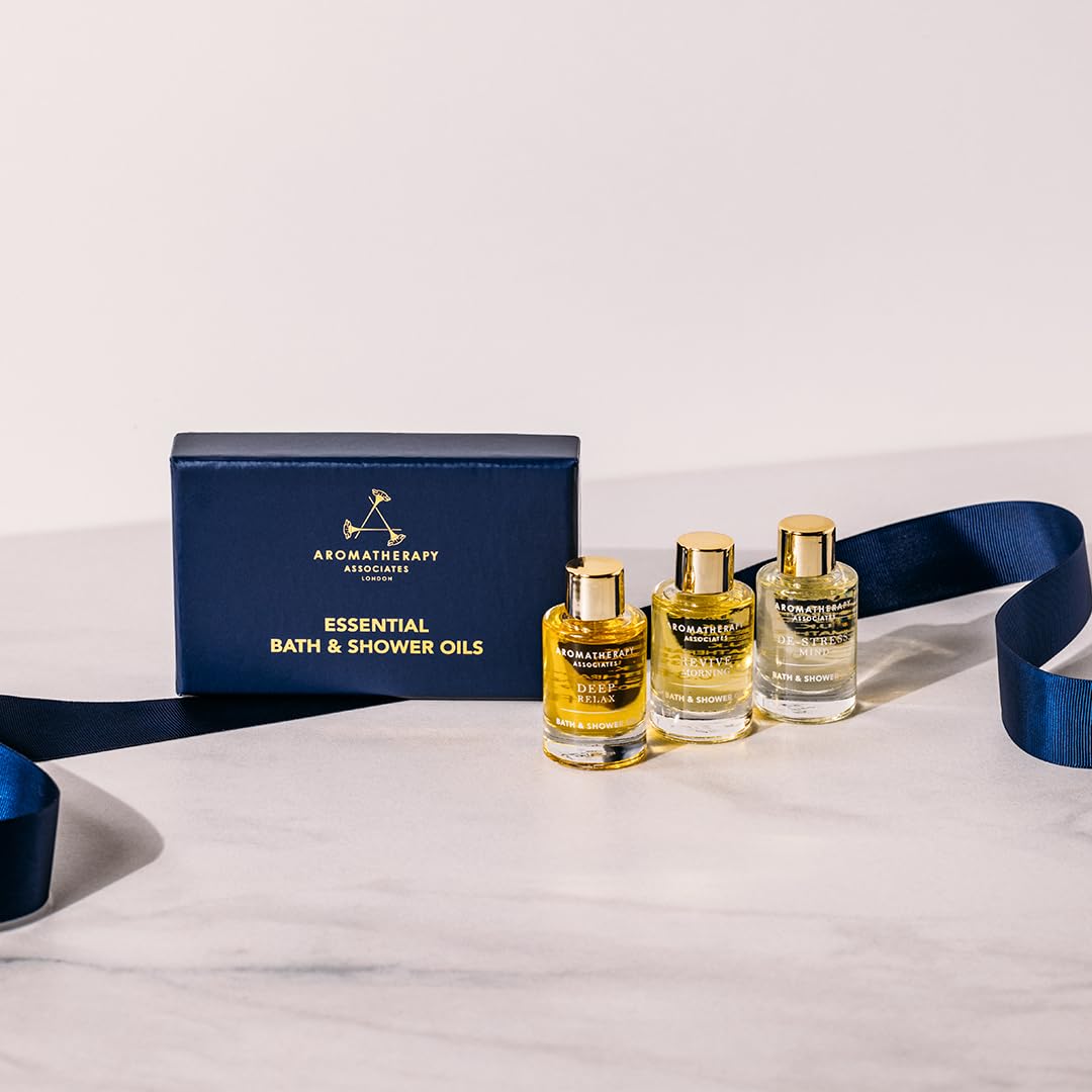 Aromatherapy Associates Essential Bath & Shower Oil Gift Collection (3 Count of 9ml) containing Deep Relax, De-Stress Muscle, Revive Morning, Hand Crafted Natural Blend