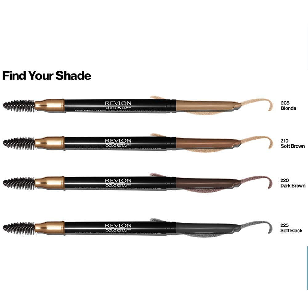 Revlon 24HR Colorstay Eyebrow Pencil with Spoolie Brush, Waterproof Angled Tip Applicator, Unisex, 210 Soft Brown, 0.9 g