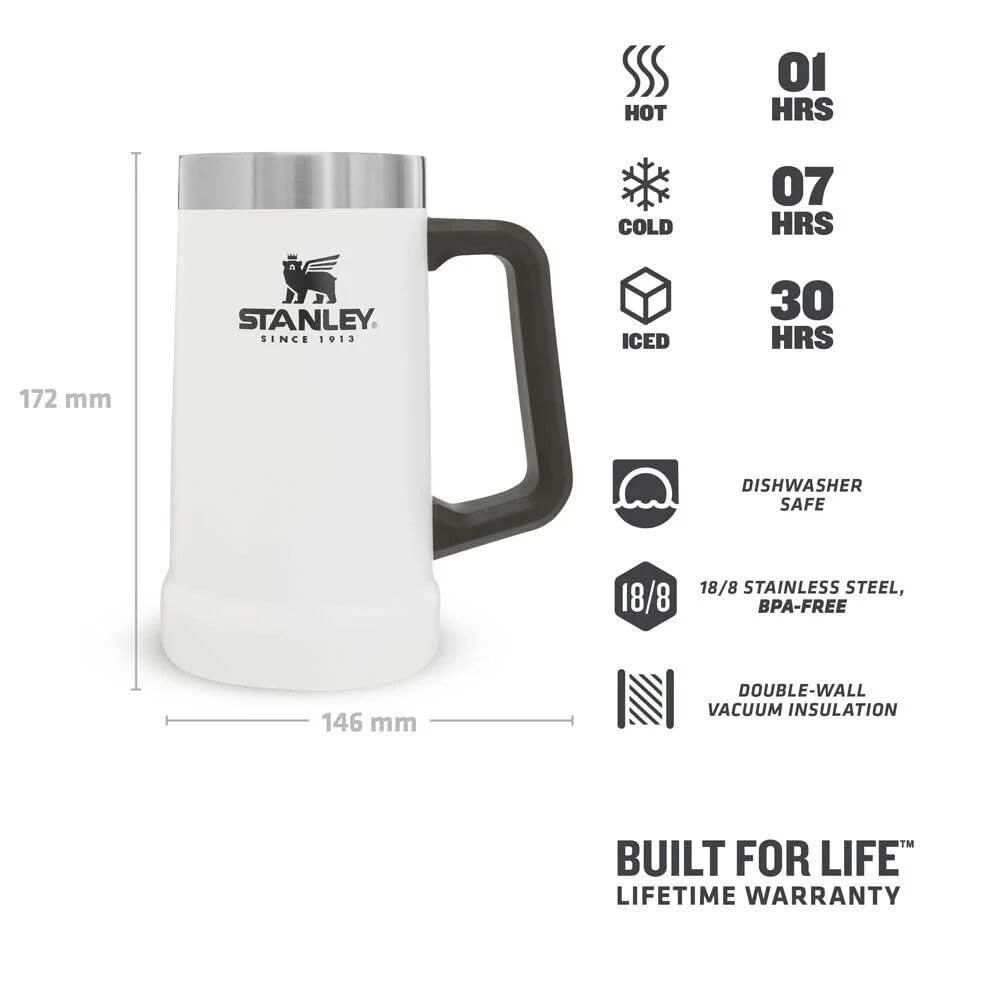 Stanley Adventure Vacuum Beer Stein 0.7L - Travel Mug Keeps Drinks Cold For 7 Hours - Stainless Steel Thermal Cup With Handle - Dishwasher Safe - Polar White