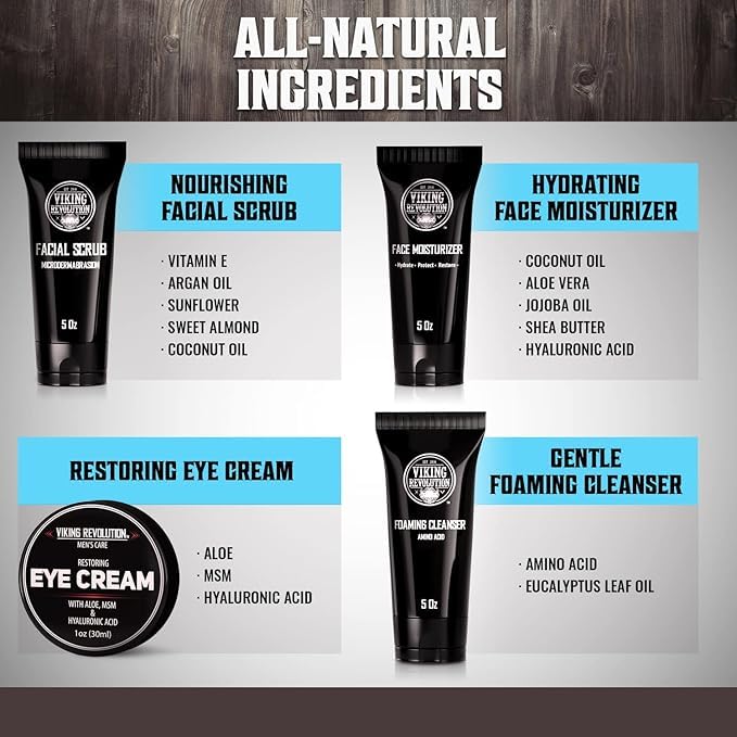 Viking Revolution - Mens Skincare Kit - Includes (148ml Each) Mens Face Moisturiser, Mens Face Wash, Mens Face Scrub and Mens Eye Cream (30ml) - Mens Skincare Gift Set - Gifts For Men