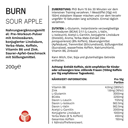 PhD Burn Pre Workout Powder with L Carnitine for Women and Men, Rich in CLA, High Caffeine for pre-Workout, Sour Apple Flavour, 20 Servings (200g)