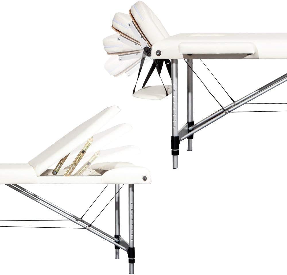 Vesgantti Portable Massage Bed Table - 3-Section Aluminium Foldable Beauty Couch for Reiki Therapy Treatment Salon Healing - Metal Headrest Support/with Carry Bag (Beige White)