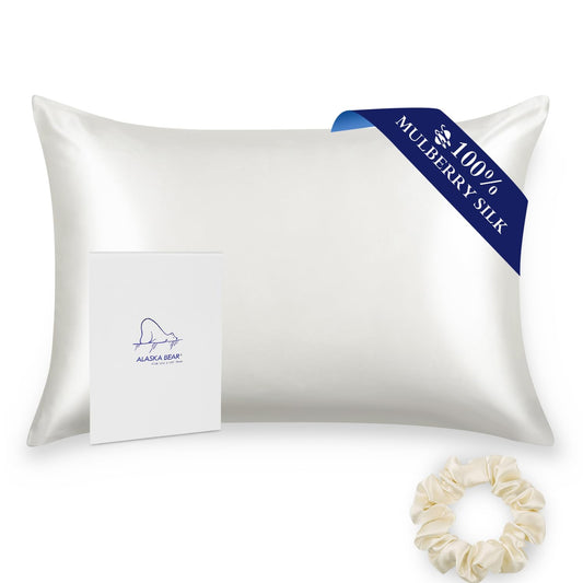 ALASKA BEAR 100% Mulberry Silk Pillowcase for Hair and Skin Health, Hypoallergenic, Standard Size 50x75cm Natural Silk Pillow Case for Beauty Sleep (1pc, Ivory White)
