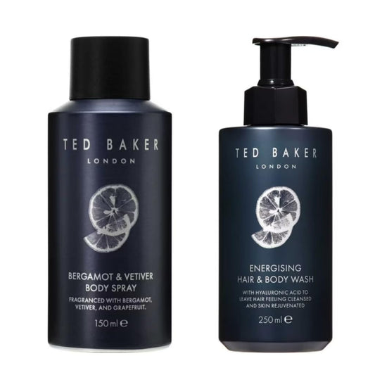 New T.Baker Men's Bergamot & Vetiver Body Care duo, 150ml Body Spray and 250ml Hair & Body Wash, Men Energising Collection