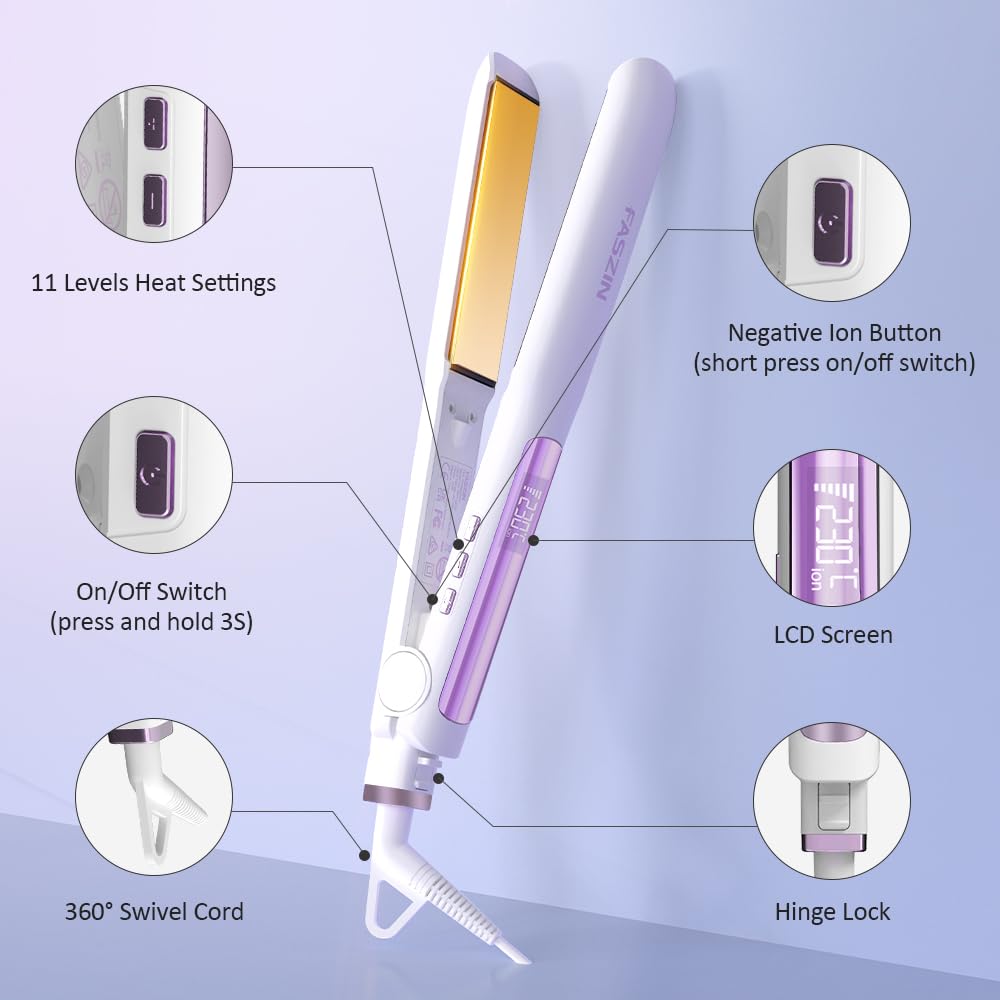 Faszin Hair Straightener, Fast Heating Titanium Flat Iron with Negative Ions to Create Sleek Style, 3D Floating Wide Plate for Both Thick and Thin Hair, Dual Voltage & 11 Levels Adjustable Temp