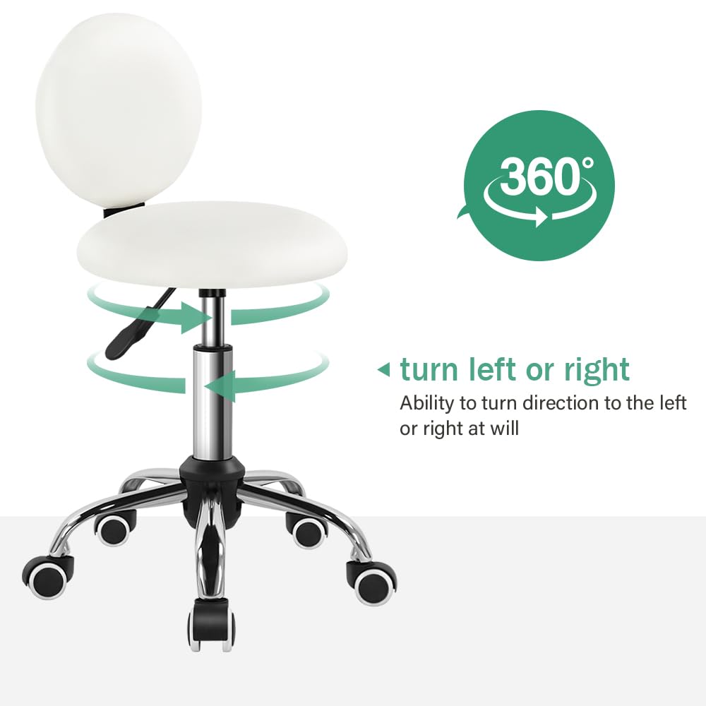 FURWOO Round Rolling Stool with Back PU Leather Seat - Beauty Chair on Wheels with Swivel for Barbershop (White)