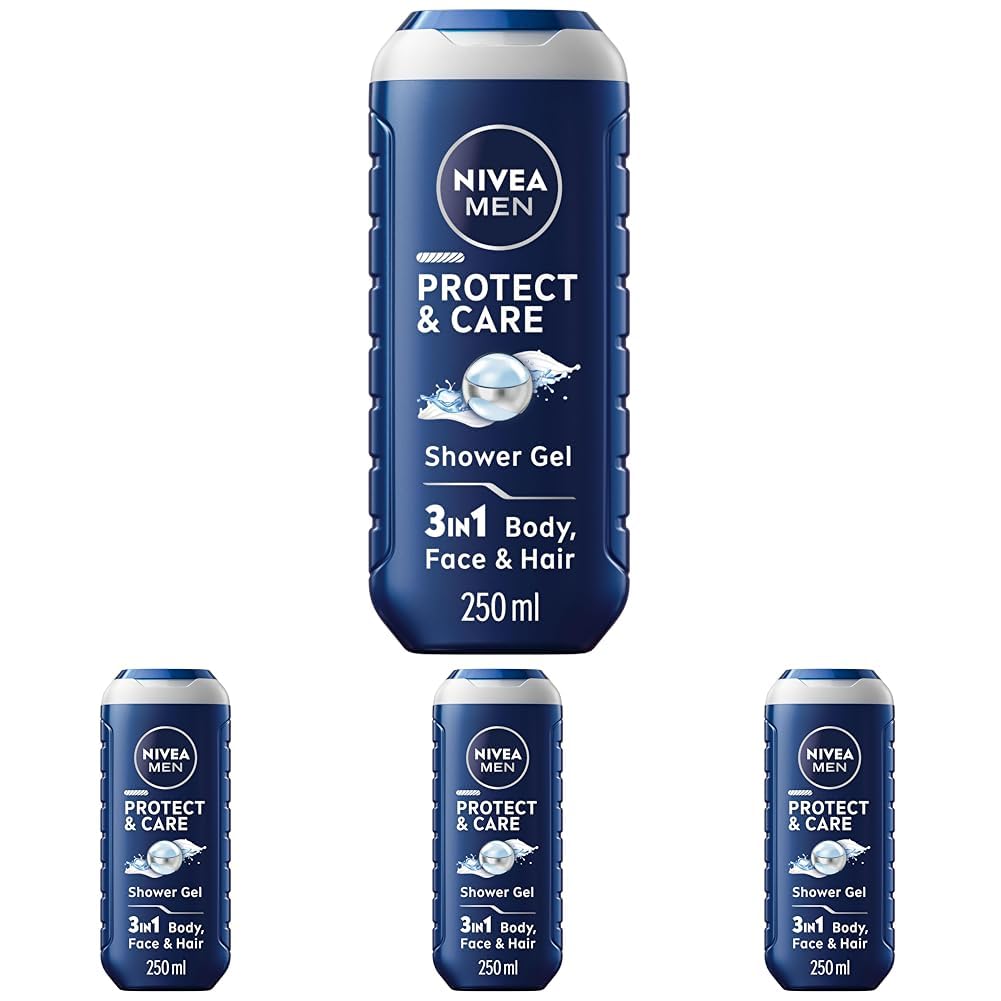 NIVEA MEN Protect & Care Shower Gel (250 ml), Moisturising 3-in-1 Body Wash for Men with Aloe Vera, Energising NIVEA MEN Shower Gel (Pack of 4)