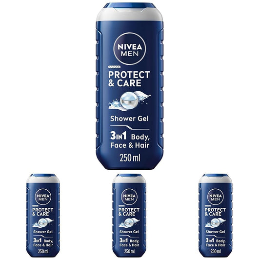 NIVEA MEN Protect & Care Shower Gel (250 ml), Moisturising 3-in-1 Body Wash for Men with Aloe Vera, Energising NIVEA MEN Shower Gel (Pack of 4)