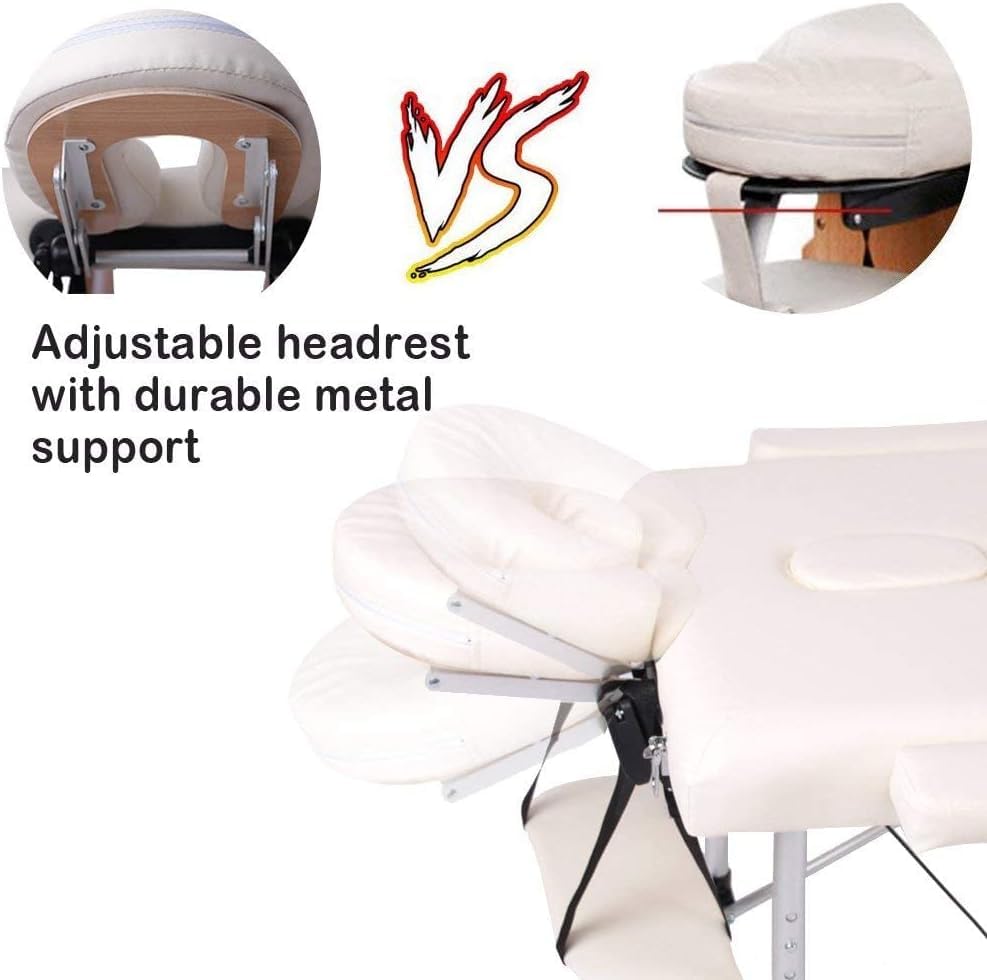 Vesgantti Portable Massage Bed Table - 3-Section Aluminium Foldable Beauty Couch for Reiki Therapy Treatment Salon Healing - Metal Headrest Support/with Carry Bag (Beige White)