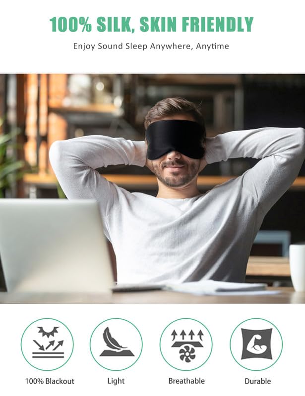 2 Pack Mulberry Silk Sleep Mask with Adjustable Strap, Sleeping Aid Blindfold for Nap, BeeVines Eye Sleep Shade Cover, 100% Blocks Light Reduces Puffy Eyes Gifts for Christmas