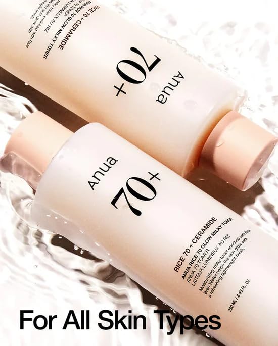 ANUA Rice 70 Glow Milky Toner, for Glass Skin, Rice Water, Niacinamide, Ceramides, Panthenol, Non comedogenic, Fungal Acne Safe, Korean Skin Care, 250ml/8.45fl.oz.
