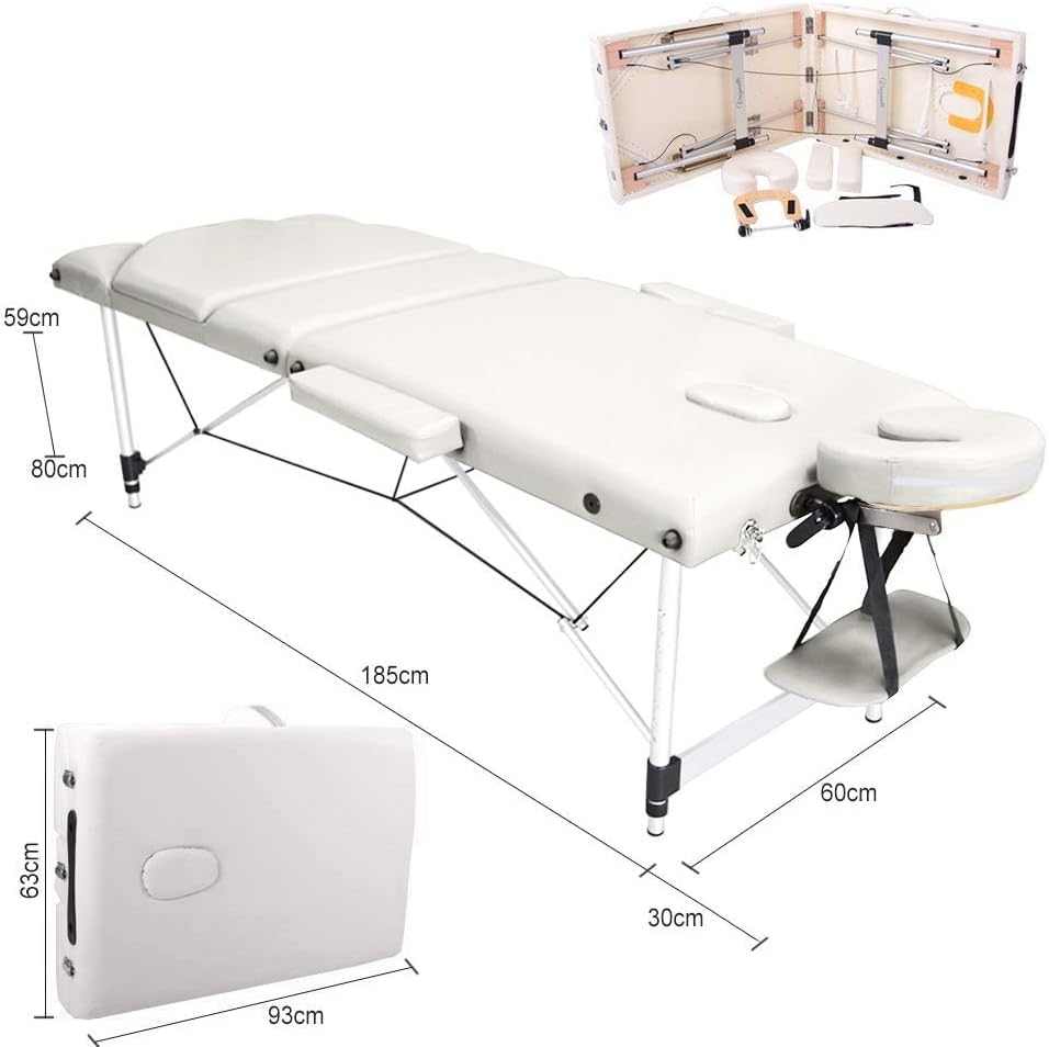Vesgantti Portable Massage Bed Table - 3-Section Aluminium Foldable Beauty Couch for Reiki Therapy Treatment Salon Healing - Metal Headrest Support/with Carry Bag (Beige White)