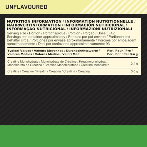 Optimum Nutrition Micronised Creatine Powder, 100% Pure Creatine Monohydrate Powder for Performance and Muscle Power, Unflavoured Shake, 93 Servings, 317 g