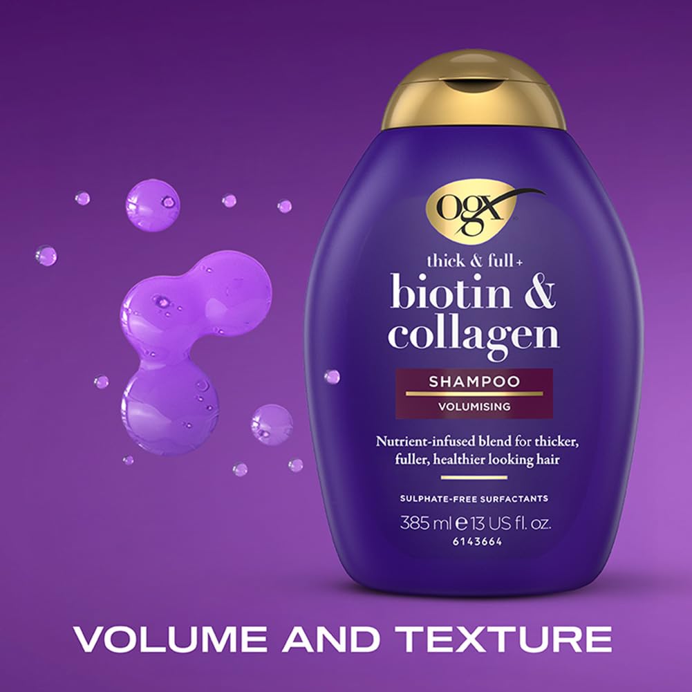 OGX Biotin and Collagen Volumising Hair Shampoo, Thick and Full, with Vitamin B7 Biotin, and Collagen, for Fine Hair, Sulfate Free Surfactants, 385ml