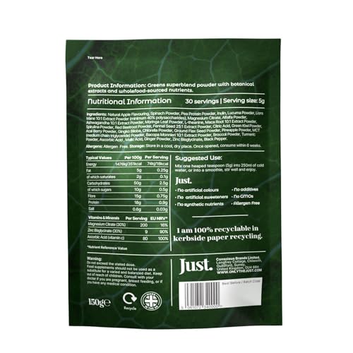 JUST Greens Powder 150g Superfood Supplement for Gut Health, Detox, Energy & Weightloss, Supergreens Packed with Fibre, Protein, Collagen & Vitamins