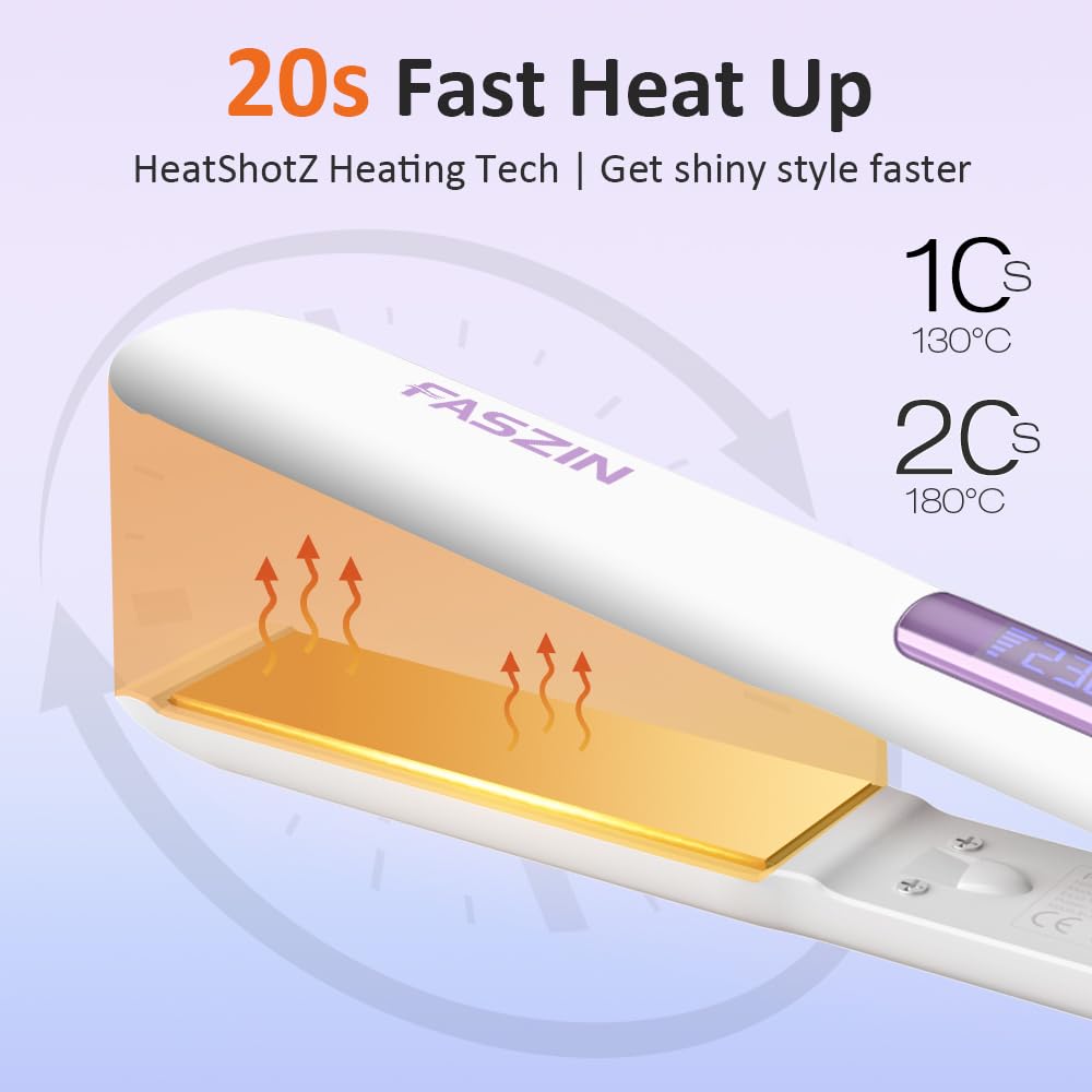 Faszin Hair Straightener, Fast Heating Titanium Flat Iron with Negative Ions to Create Sleek Style, 3D Floating Wide Plate for Both Thick and Thin Hair, Dual Voltage & 11 Levels Adjustable Temp