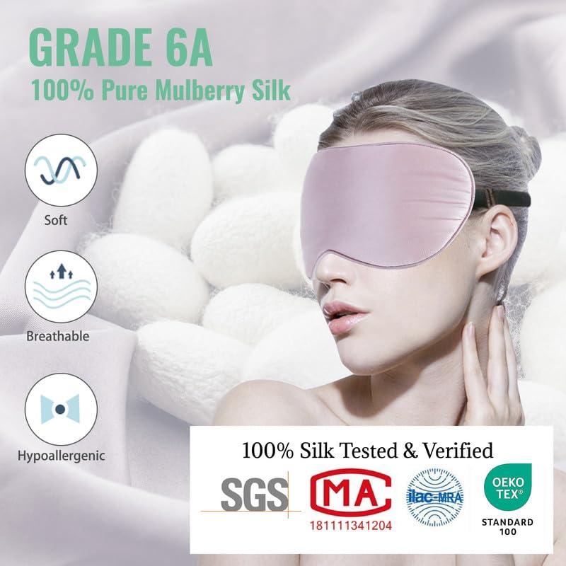 2 Pack Mulberry Silk Sleep Mask with Adjustable Strap, Sleeping Aid Blindfold for Nap, BeeVines Eye Sleep Shade Cover, 100% Blocks Light Reduces Puffy Eyes Gifts for Christmas