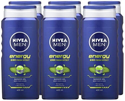 NIVEA MEN Shower Gel Energy (6 x 400ml), Energizing Body Wash with Mint Extract, All-in-1 Shower Gel for Men, Strong NIVEA Men Shower Gel with Fresh Masculine Scent