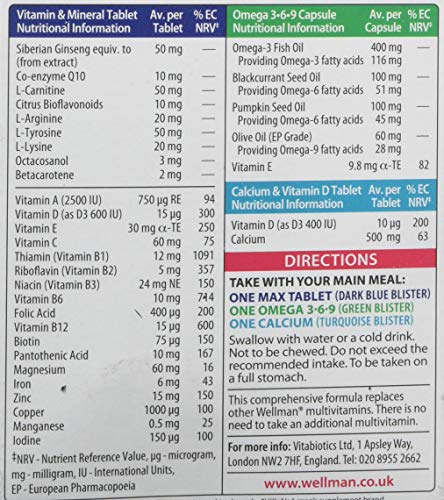 Wellman Max - Maximum Strength Multivitamin Formula Mix with Support for energy, immune system, testosterone level, bone health, brain health,heart health and vision health, 84 Tablets by Vitabiotics