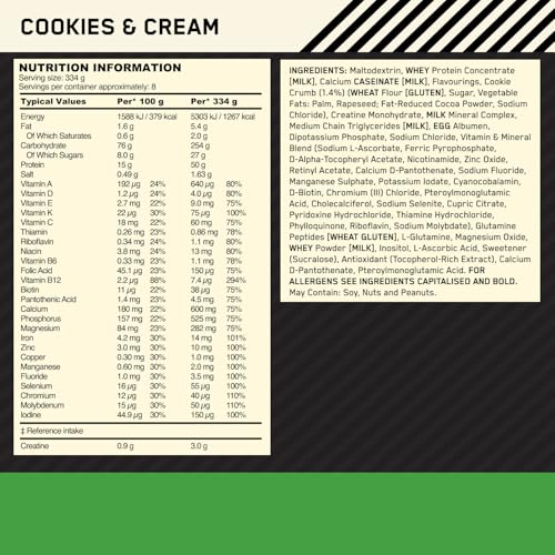 Optimum Nutrition Serious Mass Protein Powder High Calorie Mass Gainer with Vitamins, Creatine and Glutamine, Cookies and Cream, 8 Servings, 2.73 kg, Packaging May Vary