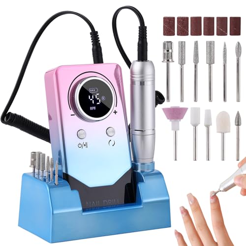 Electric 45000RPM Nail Drill Machine Rechargeable Portable Nail File Electric DIY Nail Drill Kit with Smart LCD Screen for Gel Nail Manicure and Pedicure Reflective Body etc (Gradient)