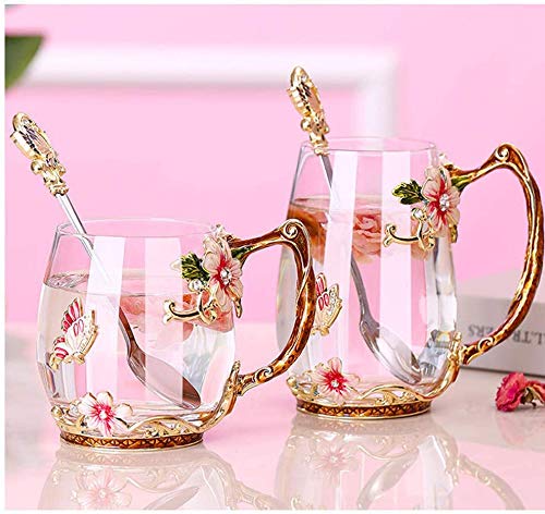 Luka Tech Handmade Enamel Butterfly Flower Glass Coffee Mugs Tea Cup with Spoon,Birthday Christmas Gifts for Her Women Mum Friends Teacher Valentines Mothers Day(Red)