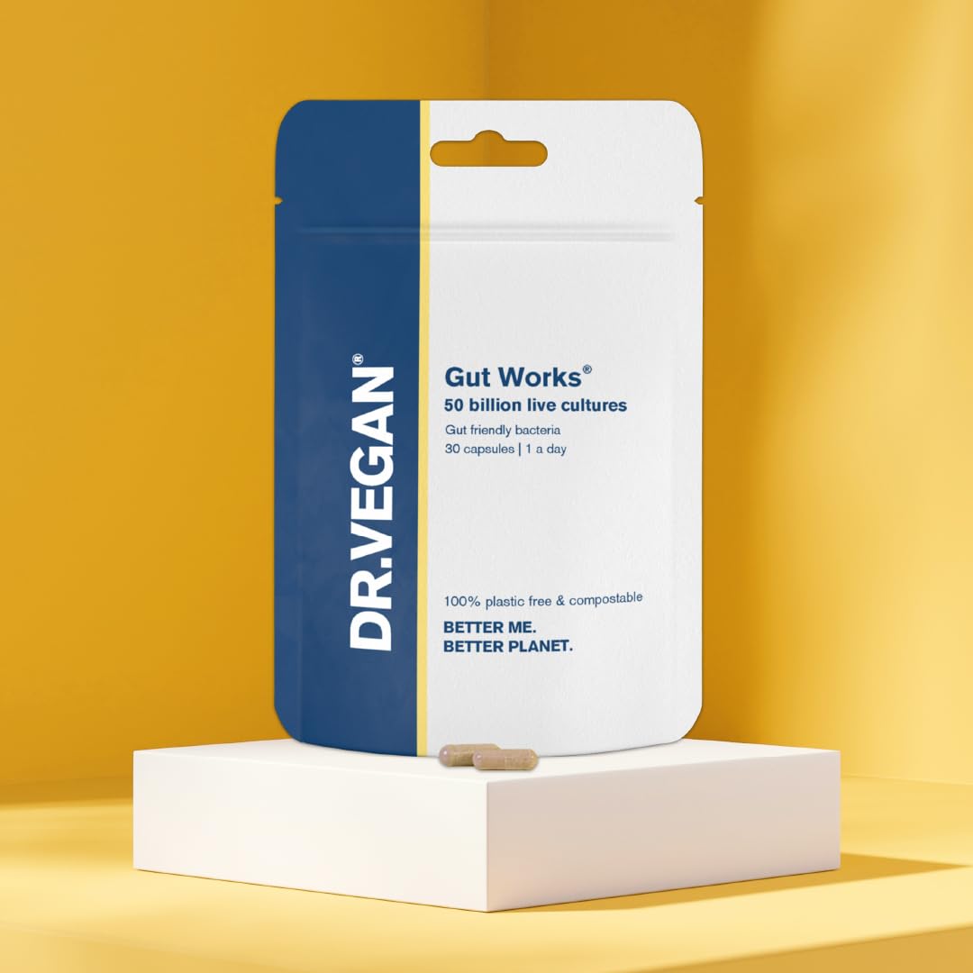 Gut Works® | 6 Prebiotics and Probiotic Strains | 50 Billion CFU Bacteria Live Cultures | Daily Support for Gut Health | 30 Vegan Capsules | One-A-Day | DR.Vegan