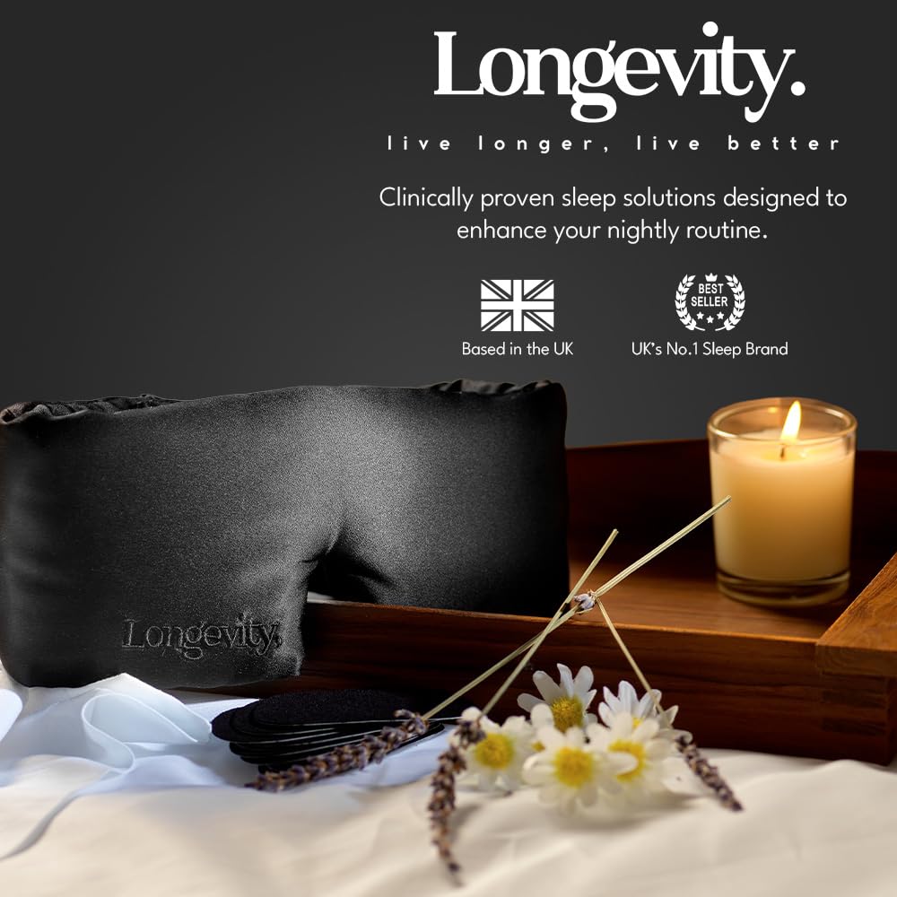 Longevity 100% Mulberry Silk Eye Mask for Sleeping - Bio-Contoured Silk Sleep Mask with Silver Ion Infusion for Skin & Hair - Light Blocking, Hypoallergenic - Luxury Sleep Aids for Women & Men