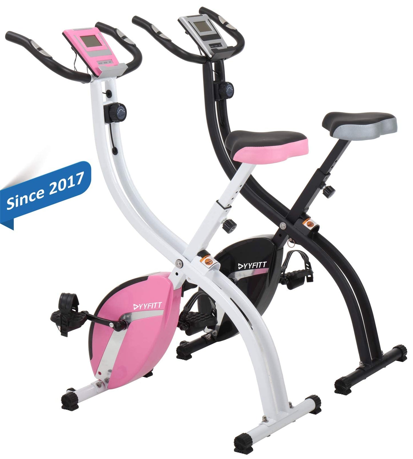 YYFITT Basic Foldable Fitness Exercise Bike with 16 Level Resistance, Countdown Exercise Monitor, Phone/Tablet Holder and Hand Pulse for Home Use (Pink)