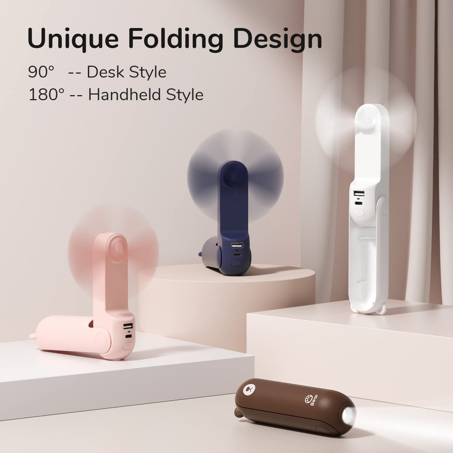 JISULIFE Handheld Mini Fan, 3 IN 1 USB Rechargeable Portable Fan [12-19 Working Hours] with Power Bank, Flashlight, Pocket Design for Travel/Summer/Concerts/Lash, Gifts for Women (Pink)