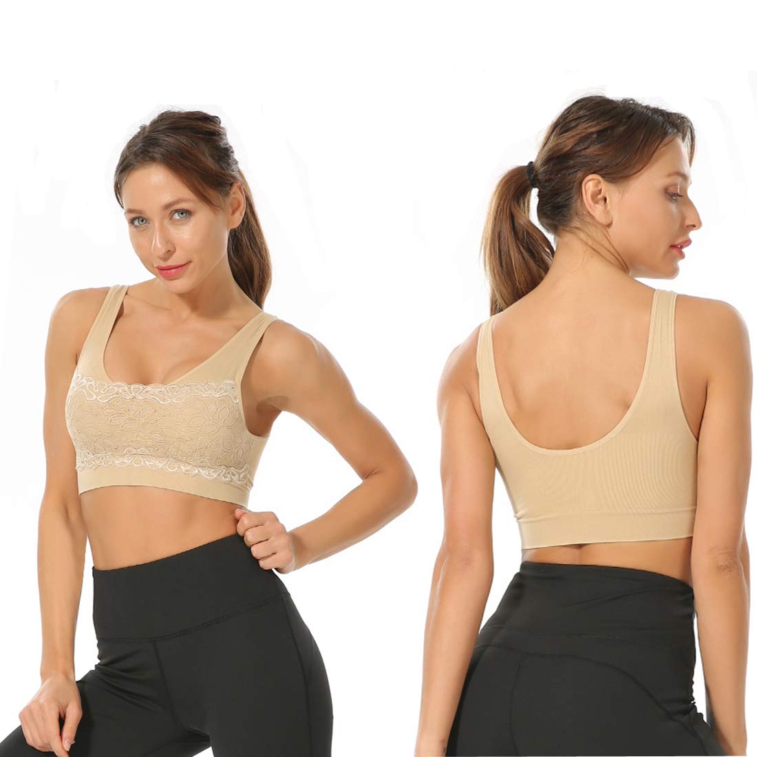 Litthing Women Sports Bra Seamless Comfortable Soft Breathable Ladies Lace Bras Removable Padded Tops Push up Underwear Packs for Yoga Fitness Exercise