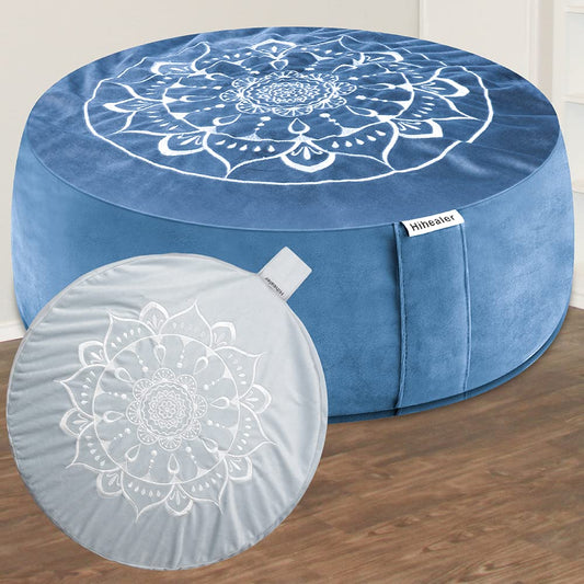 Hihealer Meditation Cushion with Extra Velvet Cover - Large Traditional Tibetan Meditation Yoga Floor Cushion Pillow Zafu Filled by Buckwheat Hulls, Great Gift for Women (Restful Light Blues)