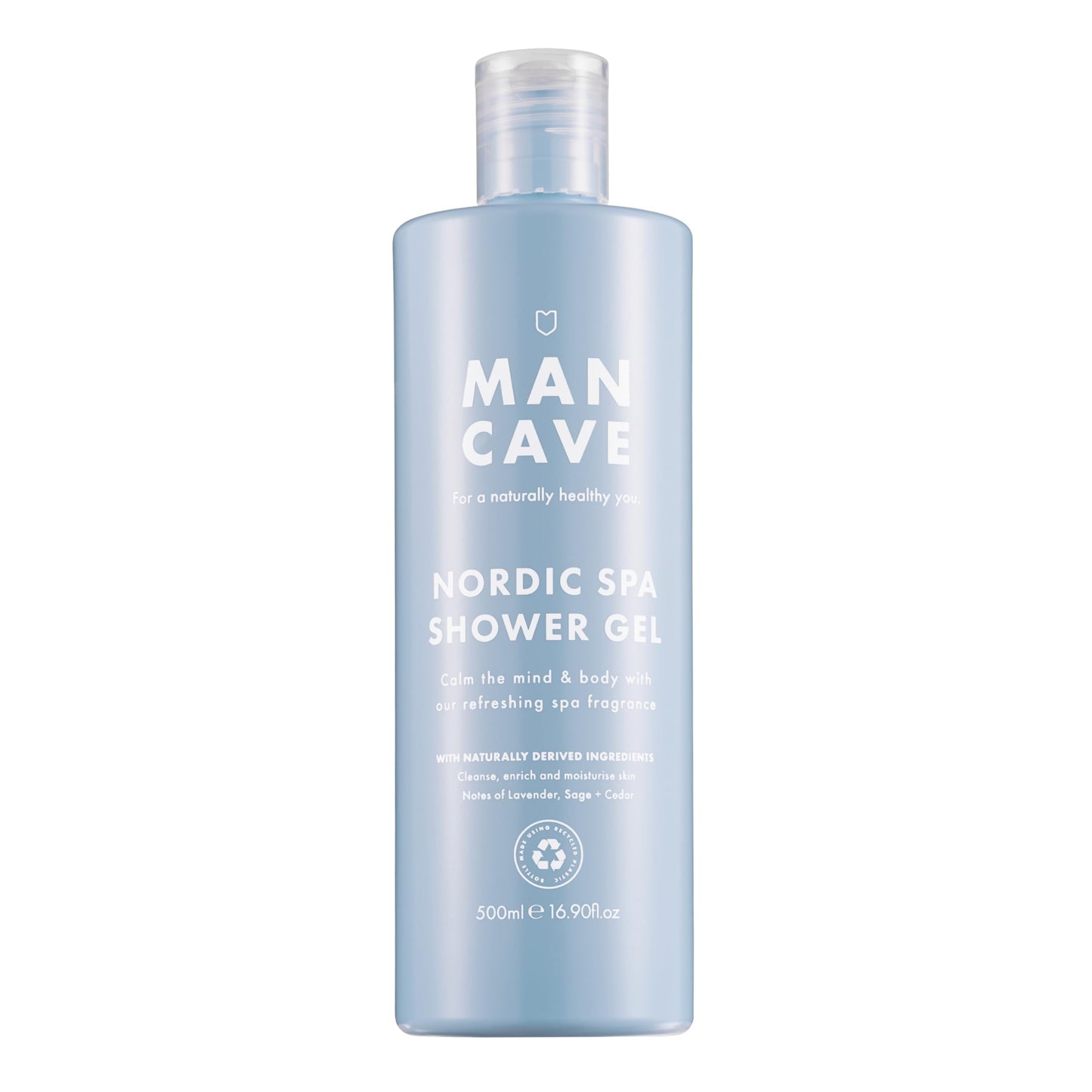 ManCave Nordic Spa Shower Gel Men, 500 ml, Vegan Mens Shower Gel with Natural Ingredients - Calming Lavender, Earthy Sage & Warm Cedar - Cruelty-Free Body Wash, Eco-Conscious & Recycled Packaging