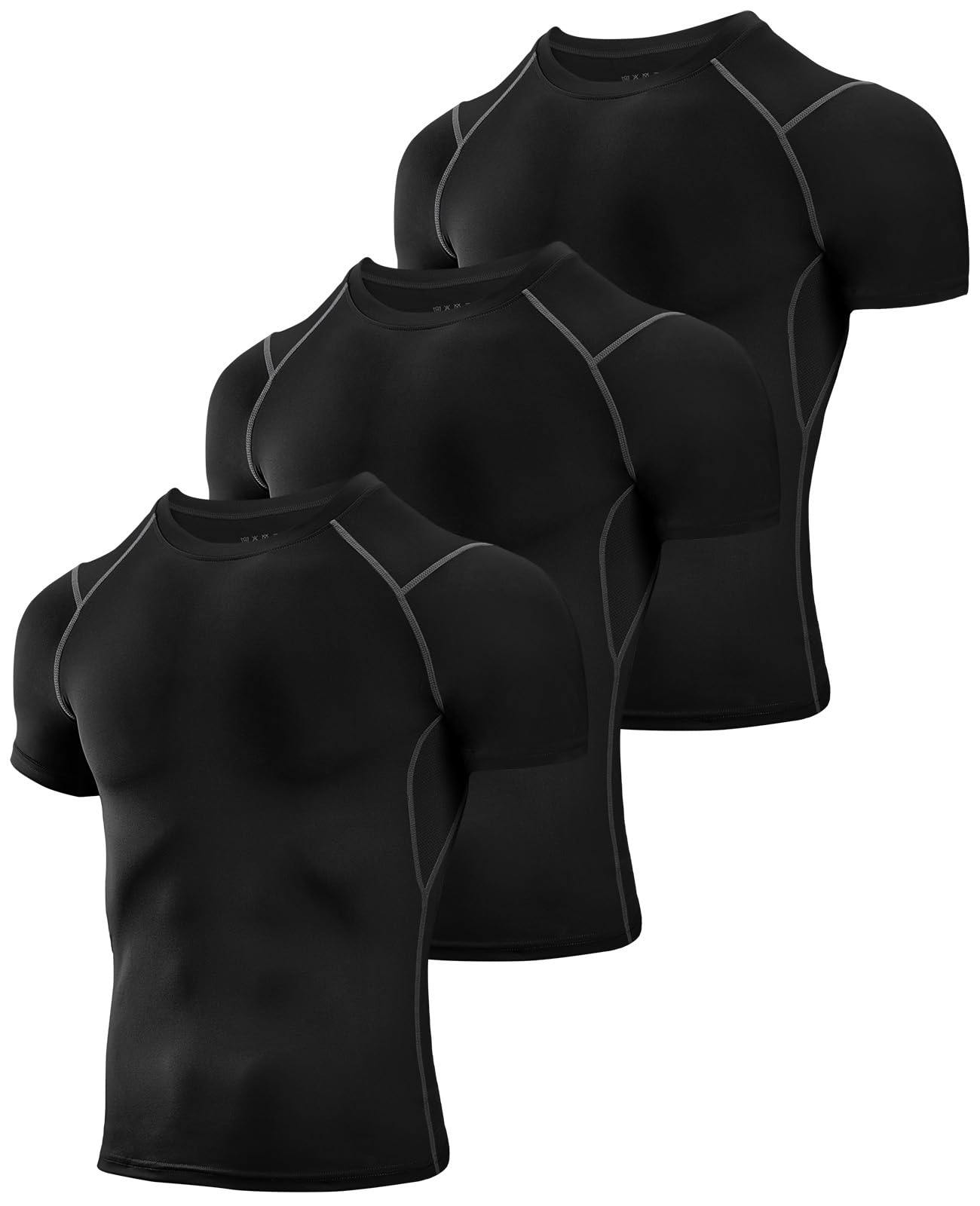 Niksa 3 Pack Compression Tops for Men Short Sleeve Mens Running Top Mesh Design Quick Dry Base Layer Top for Gym Sports Fitness Workout Cycling,Training, Black and Grey,XL