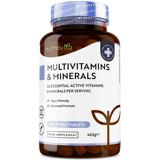 Multivitamins & Minerals - 365 Vegan Multivitamin Tablets - 1 Year Supply - Multivitamin Tablets for Men and Women with 26 Essential Active Vitamins & Minerals - Made in The UK by Nutravita