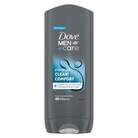 Dove Men+Care Hydrating Clean Comfort 3-in-1 Hair, Body and Face Wash Body Cleanser shower gel with 24 hour nourishing MicroMoisture technology for relaxed and re-energised skin 400 ml